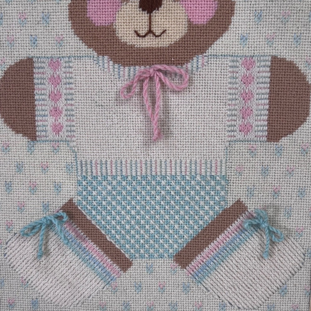 Framed Teddy Bear Needlepoint Art Pastel Nursery Decor‎ Baby Room Embroidery - Picture 3 of 8